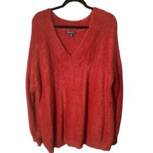 Roaman's Soft Fuzzy V-Neck Pullover Sweater Size 18/20 Plus Red Knit Comfy Cozy